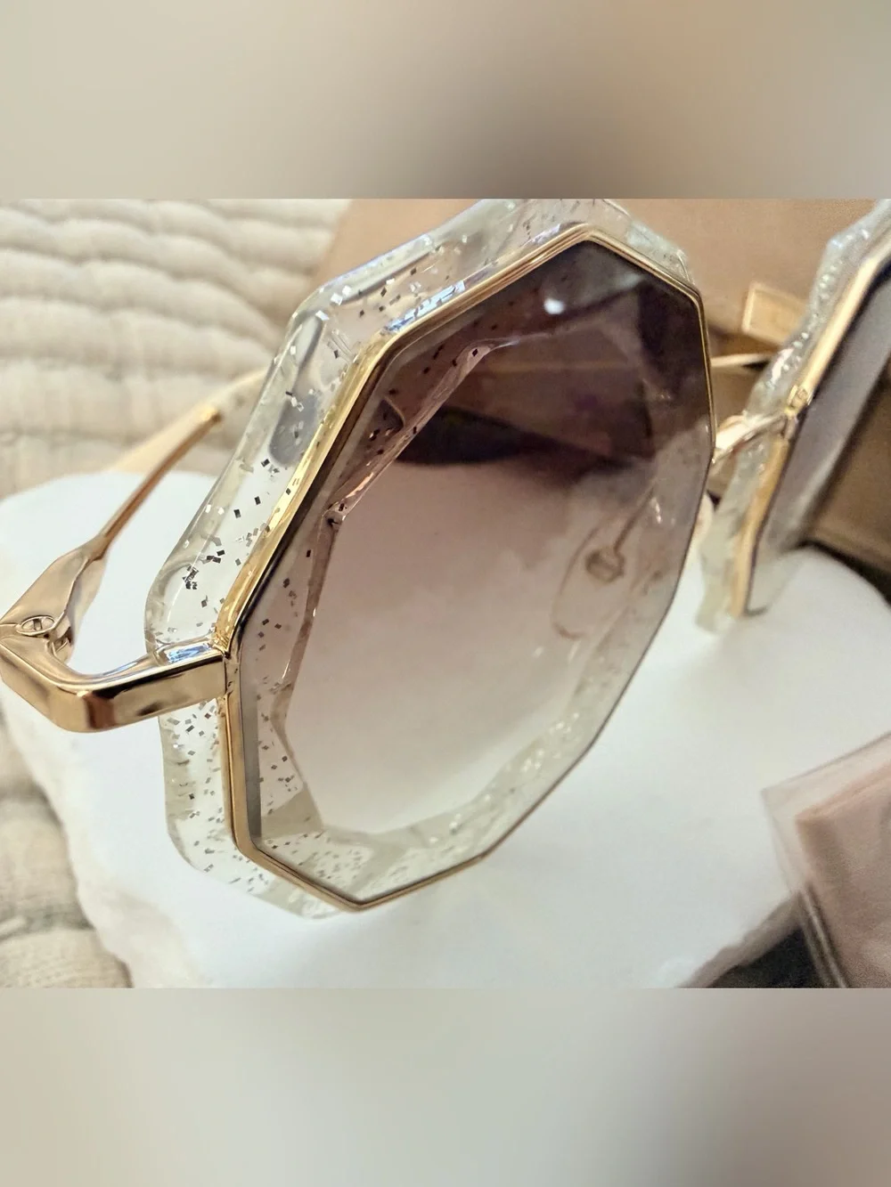 Chloe White Glitter Octagonal Sunglasses with Gold Temples